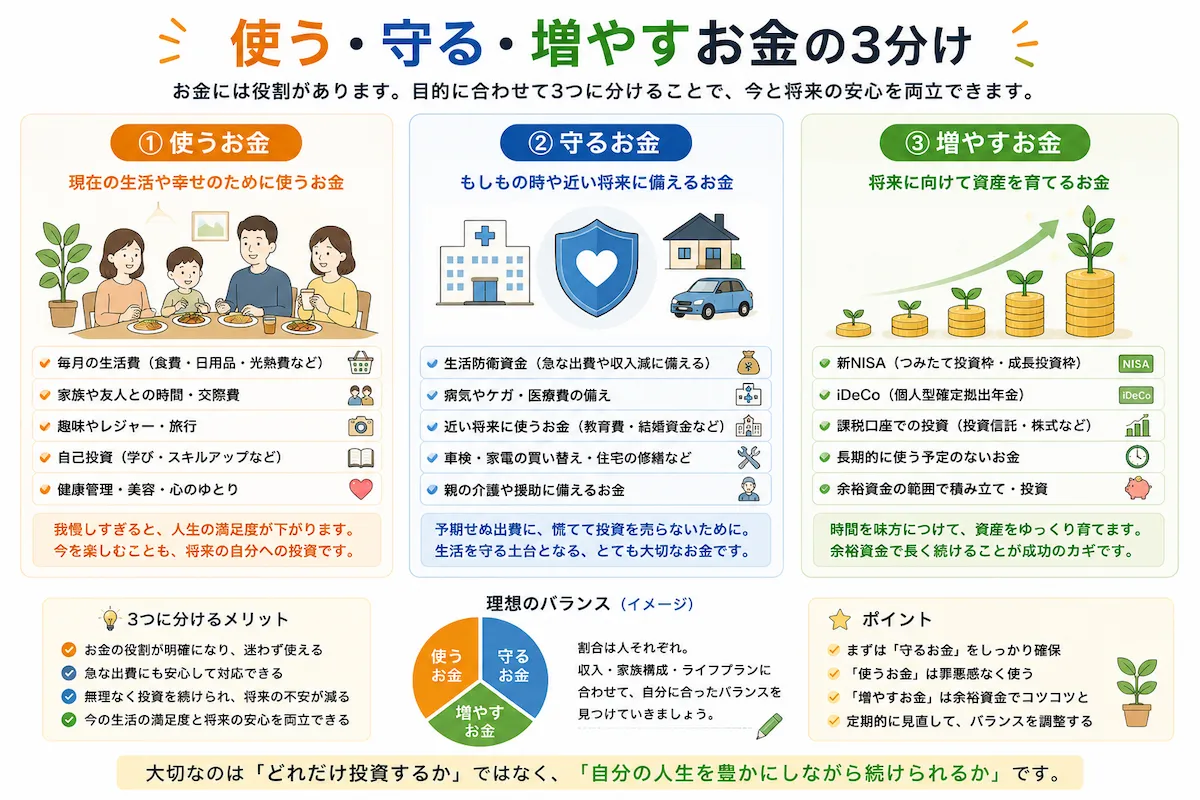 生活に使うお金、生活を守る現金、将来のために増やす投資資金の3つの役割と考え方を分かりやすくまとめた図解