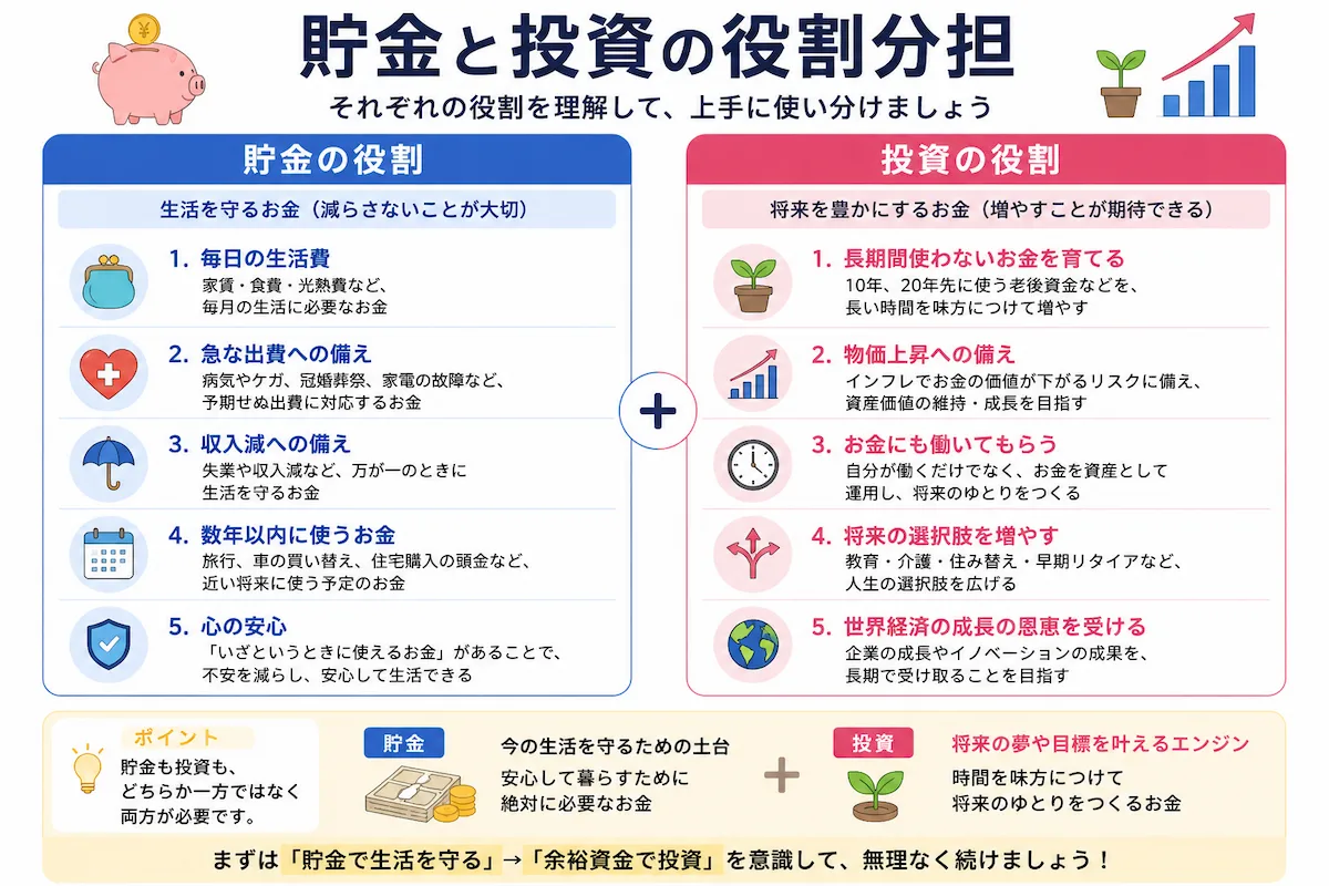生活費や急な出費は貯金、長期間使わない老後資金などは投資として役割を分ける考え方を示した図解