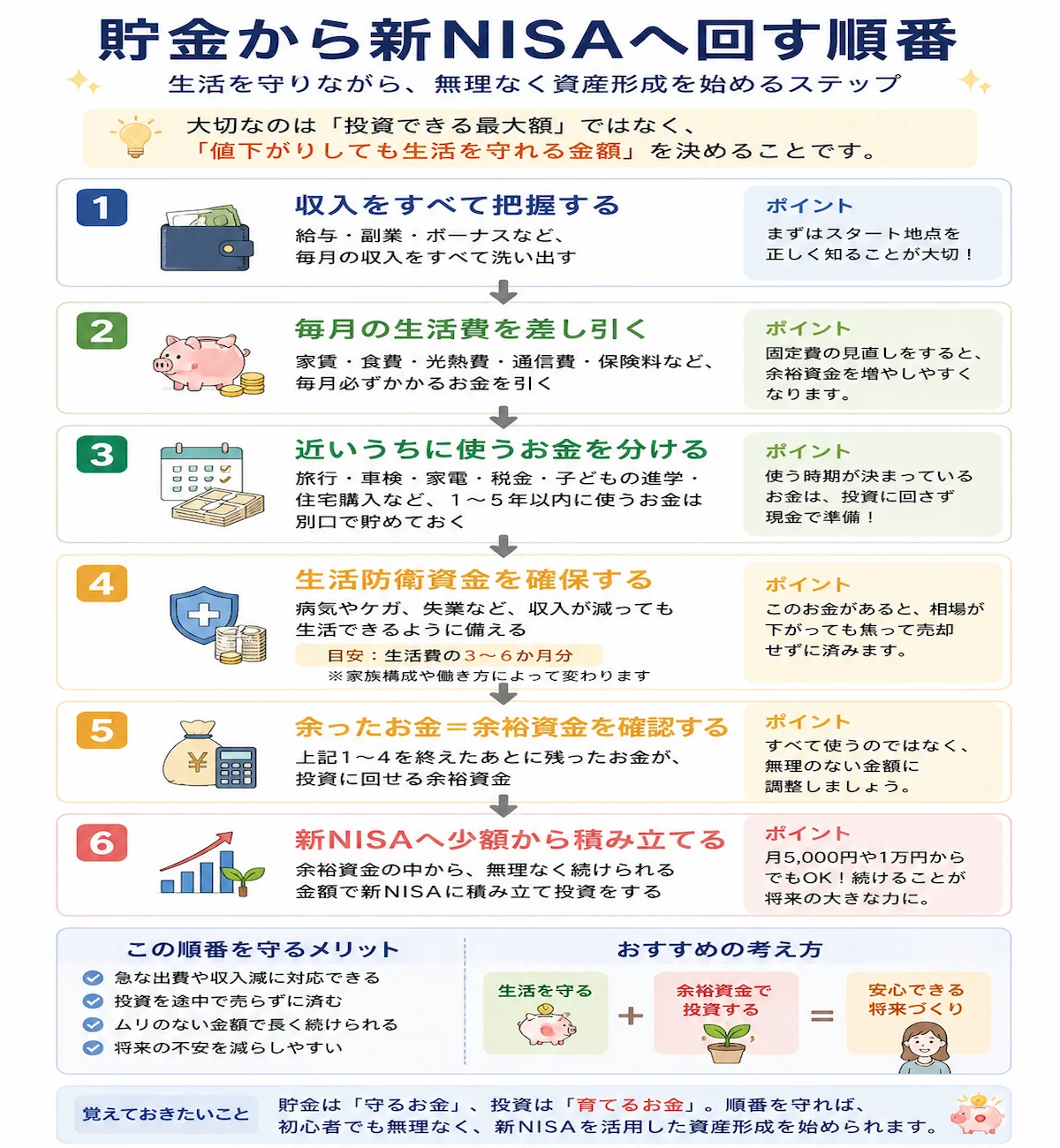 貯金から新NISAへ回す順番を、生活費・近いうちに使うお金・生活防衛資金・余裕資金の考え方とともに初心者向けにまとめた図解