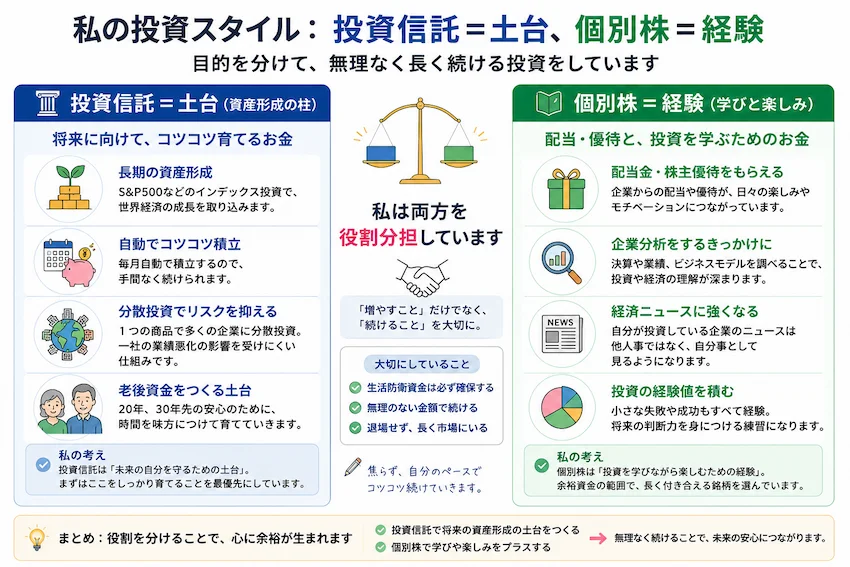 投資信託を資産形成の土台、個別株を学びと経験として役割分担する私の投資スタイル