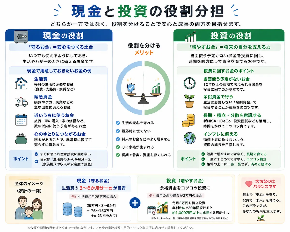 老後資金を考える際に、生活費や緊急資金は現金、長期間使わない余裕資金は投資として役割を分ける考え方を示した図解