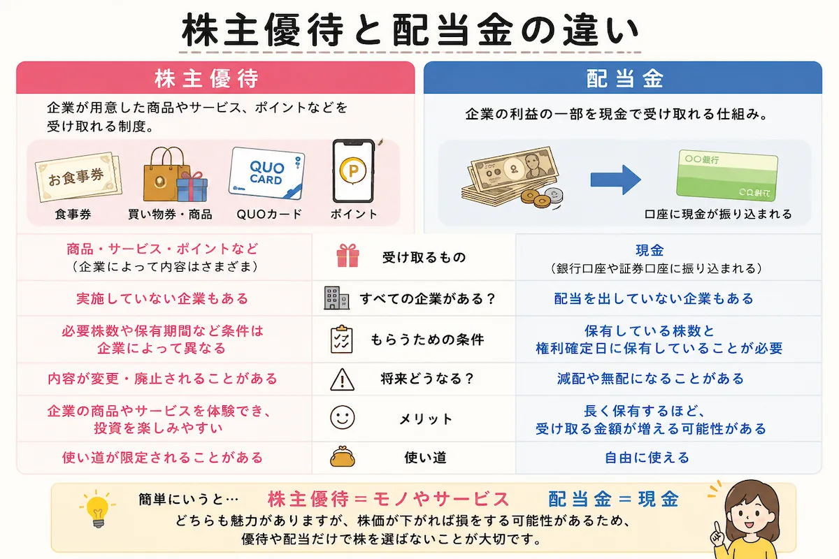 株主優待と配当金について、受取内容、条件、使い道、変更や減配のリスクを初心者向けに比較した図解