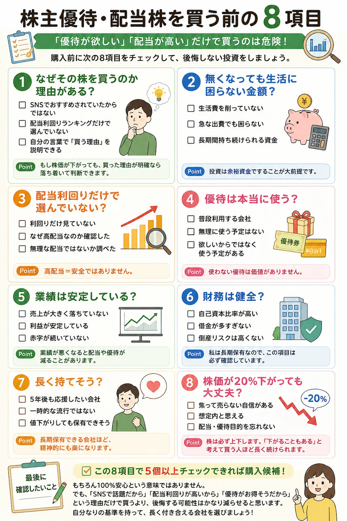 株主優待や配当金を目的に個別株を買う前に、事業、利益、配当、財務、株価の値動き、優待の必要性などを確認する8項目の図解